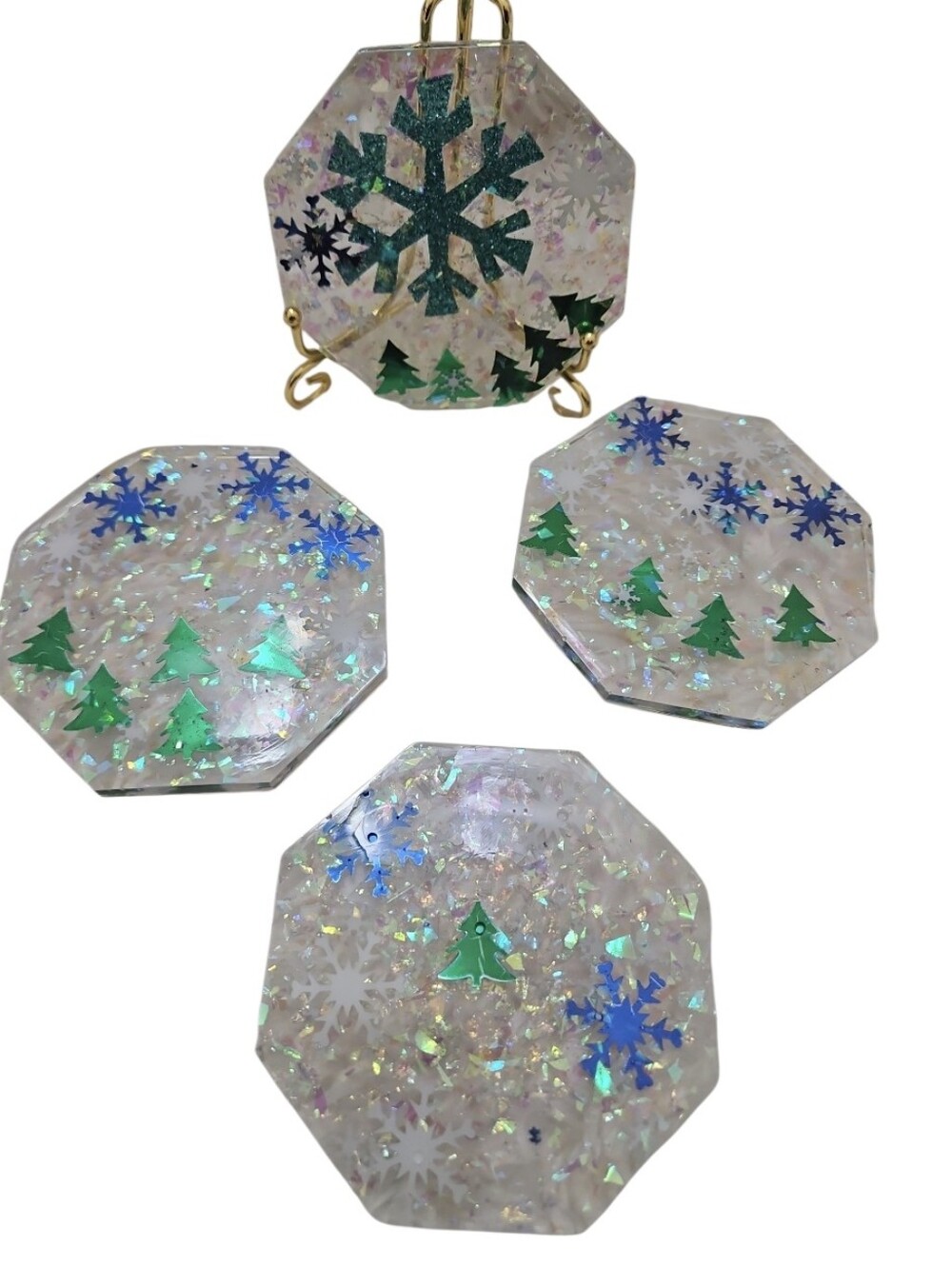 Handmade Christmas Resin Coasters Green Trees Blue Snowflakes Fluid Art OAAK 4pc